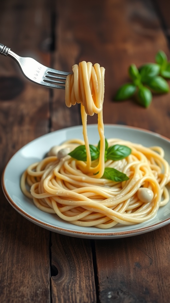 Creamy Cashew Sauce Pasta with Spaghetti Plate of spaghetti with creamy cashew sauce, garnished with basil on a rustic wooden table.
